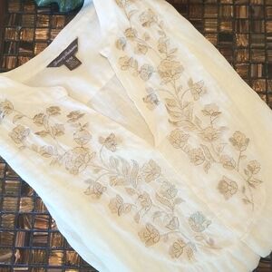Tommy Bahama women's size M ivory linen embroidered split neck gauzy tunic